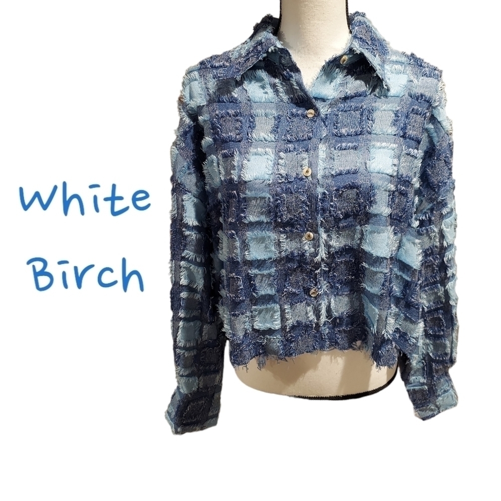 White Birch Cropped Patchwork Jacket Blue Womens … - image 1